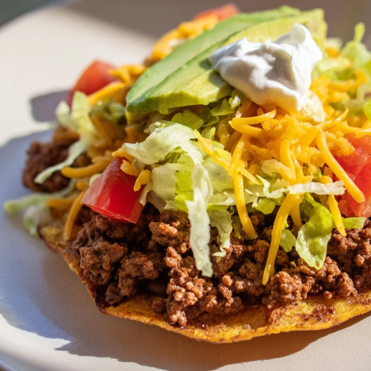 Toppings of shredded lettuce, diced tomatoes, and melted cheese finish these irresistible Beef Tostadas with Beans.