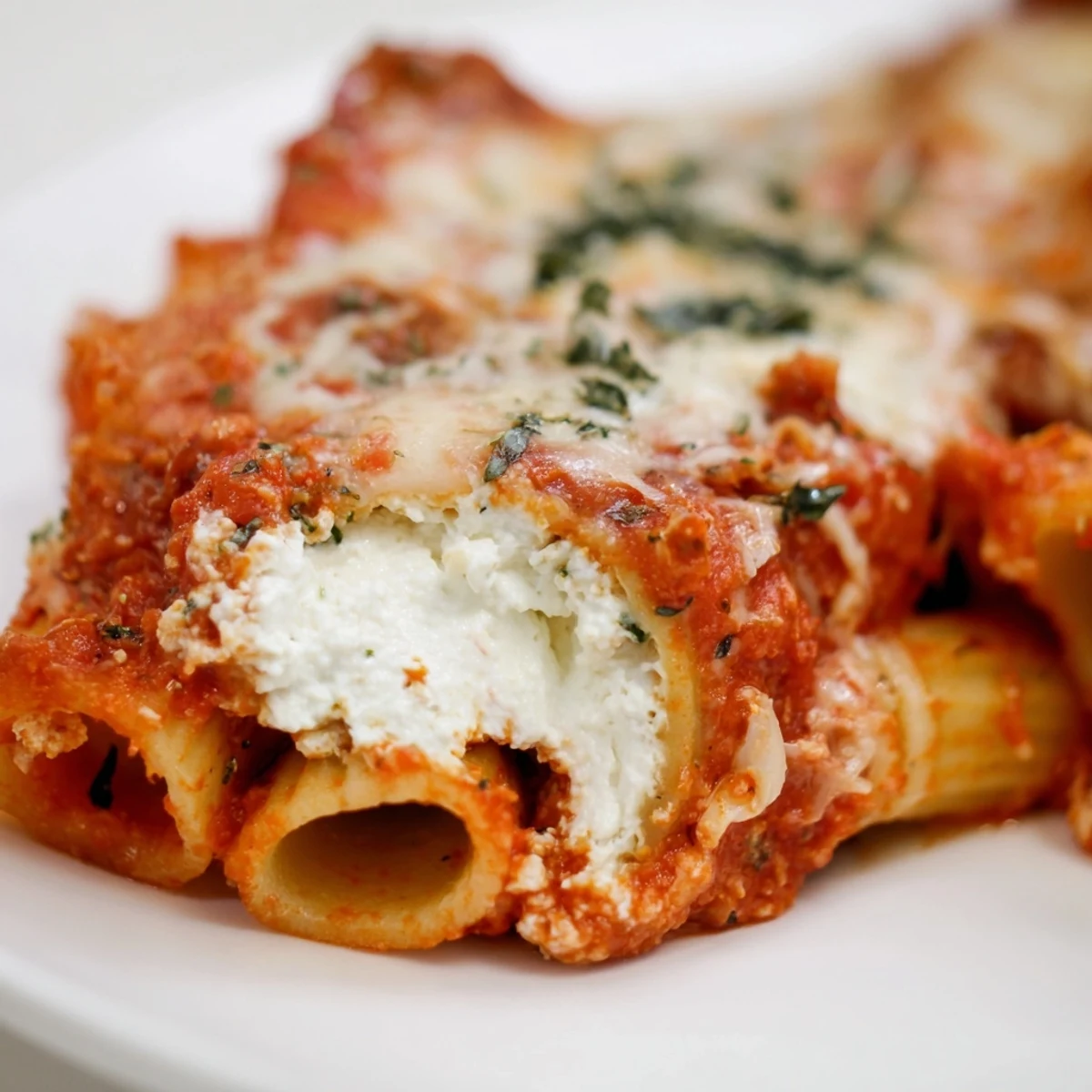 Golden bubbly mozzarella and melted Parmesan top this homemade Baked Ziti with Ricotta and Marinara, served in a ceramic dish.