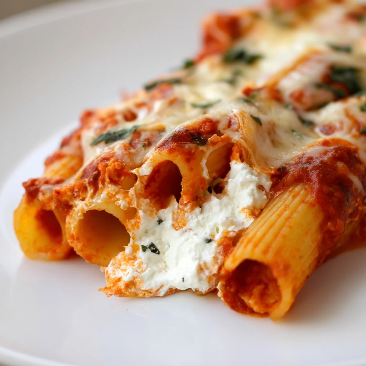 A spatula lifts a cheesy serving of Baked Ziti with Ricotta and Marinara from the baking dish, revealing steam.