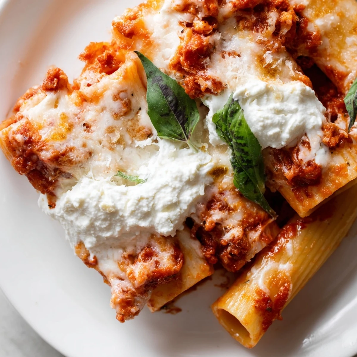 Fresh chopped basil garnishes the hearty Baked Ziti with Ricotta and Marinara, layered with pasta and rich red sauce.
