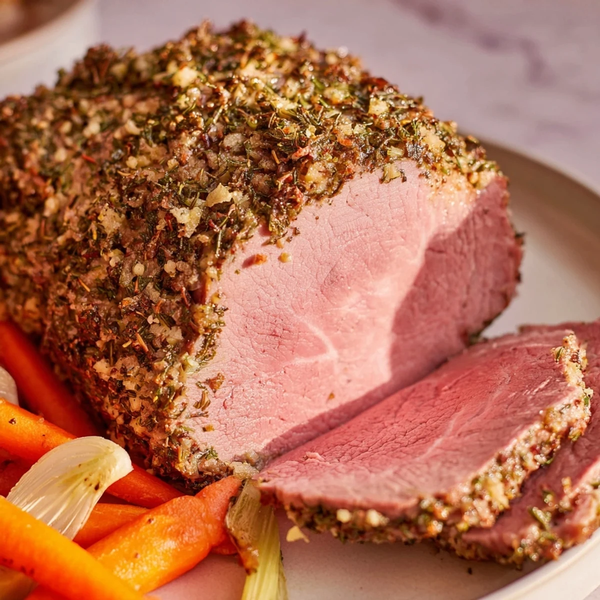 Sliced Herb Crusted Roast Beef Topside served with pan juices and roasted vegetables on a wooden serving board.