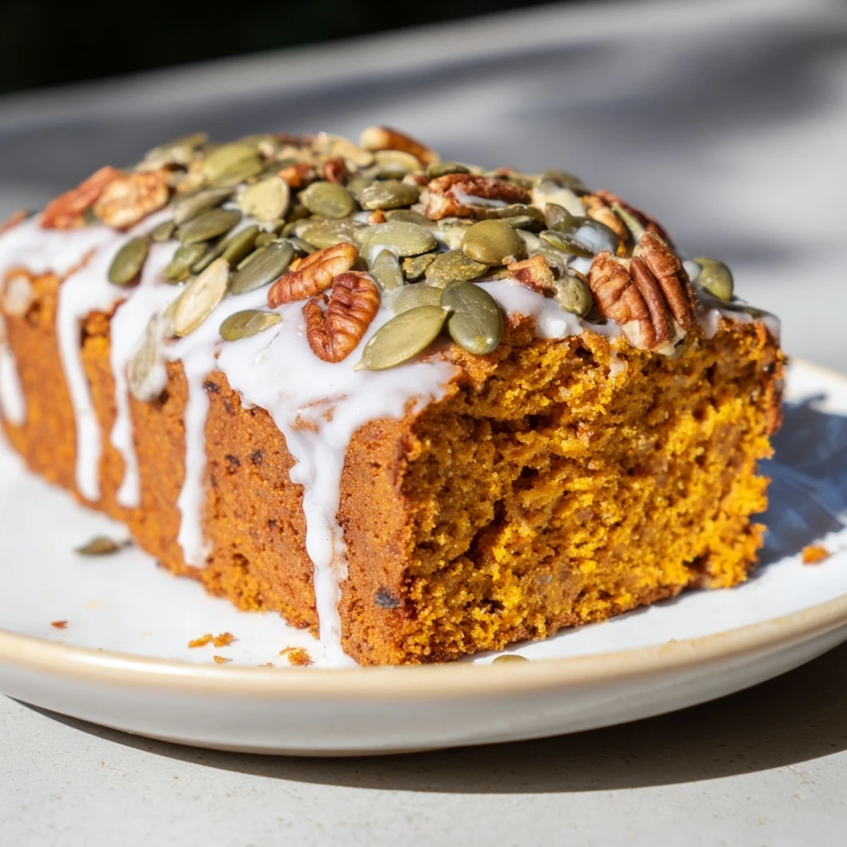 Freshly baked Spiced Pumpkin Latte Loaf Cake with warm cinnamon and nutmeg aromas filling the kitchen.