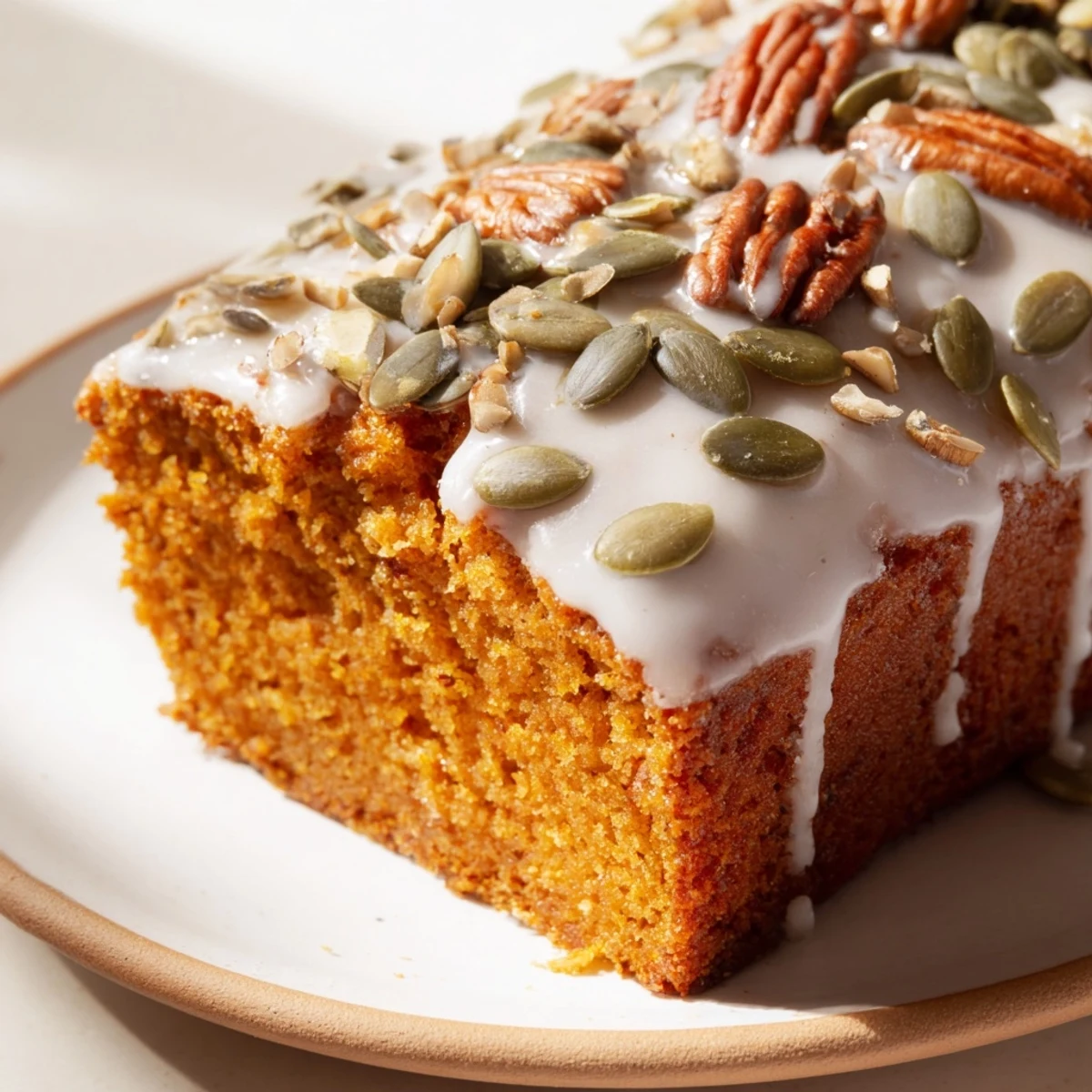 Slice of tender Spiced Pumpkin Latte Loaf Cake served beside a steaming mug of coffee on a rustic table.