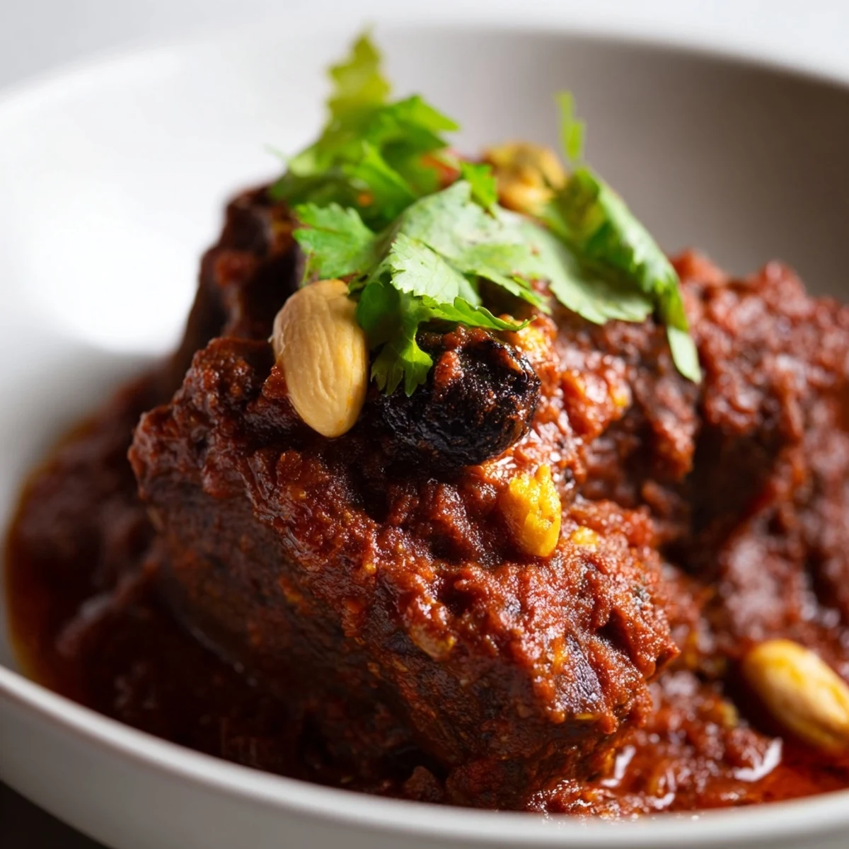 A steaming bowl of lamb tagine with prunes, garnished with fresh cilantro and sesame seeds.