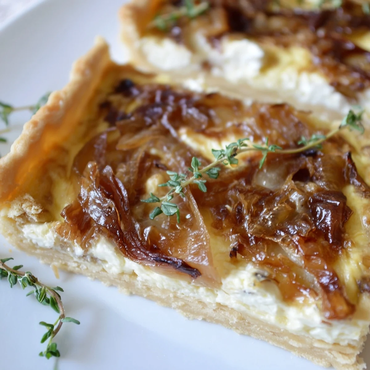 Freshly baked Caramelized Onion and Goats Cheese Tart with golden, flaky pastry edges visible. 
