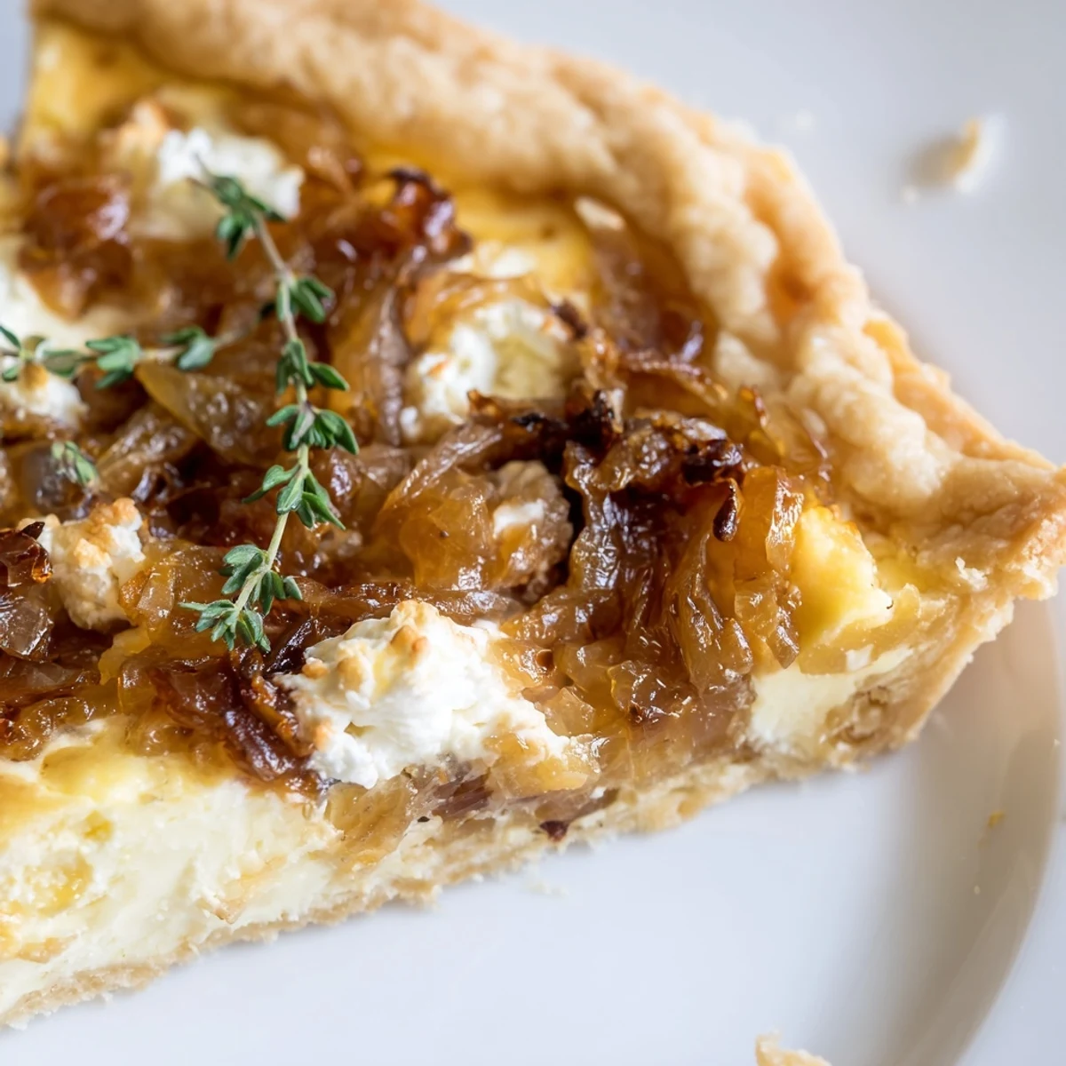A slice of Caramelized Onion and Goats Cheese Tart lifted to reveal the creamy custard interior. 