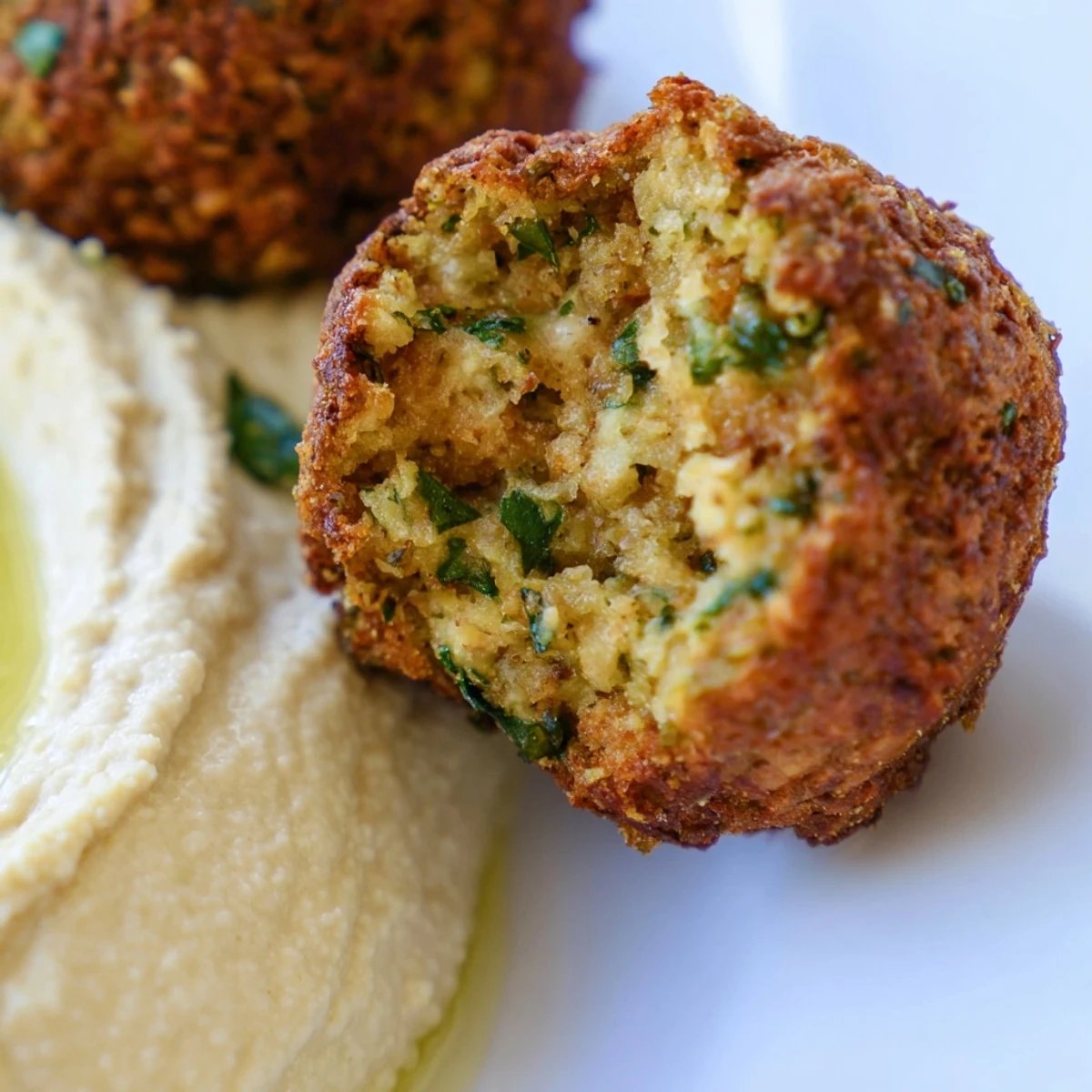 Golden, crispy herb falafel balls arranged next to a bowl of creamy hummus, garnished with fresh parsley and mint leaves.