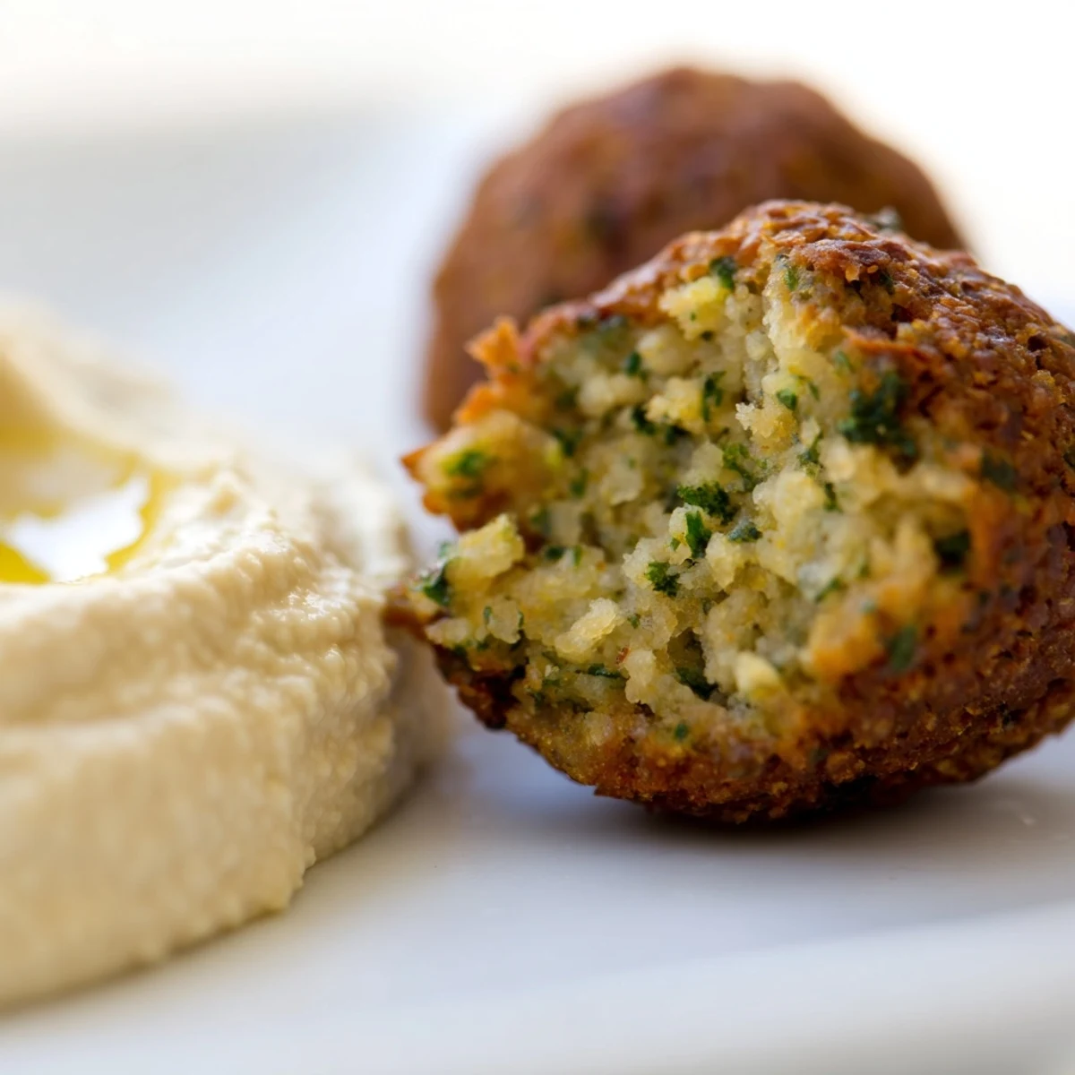 Homemade crispy herb falafel patties served on warm pita bread with hummus, sliced cucumbers, tomatoes, and tangy red onions.