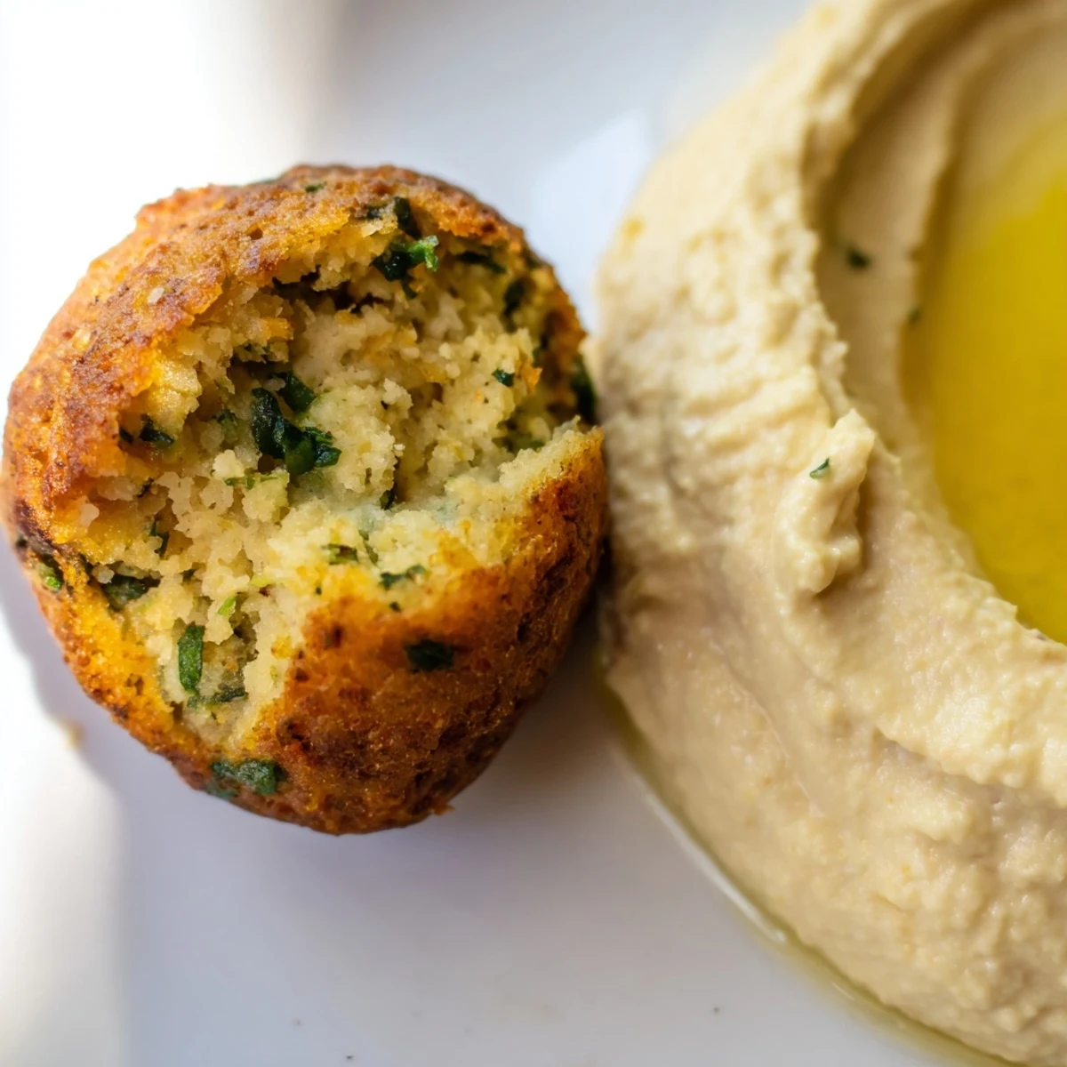 Close-up of freshly fried, golden brown herb falafel being dipped into a smooth, drizzled bowl of tahini hummus.