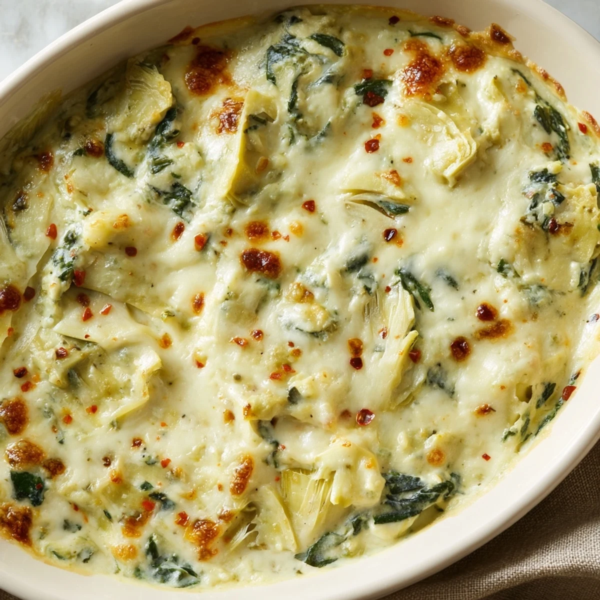 Golden, bubbly Warm Spinach and Artichoke Dip topped with melted mozzarella, served warm with colorful crudités like carrots and bell peppers.