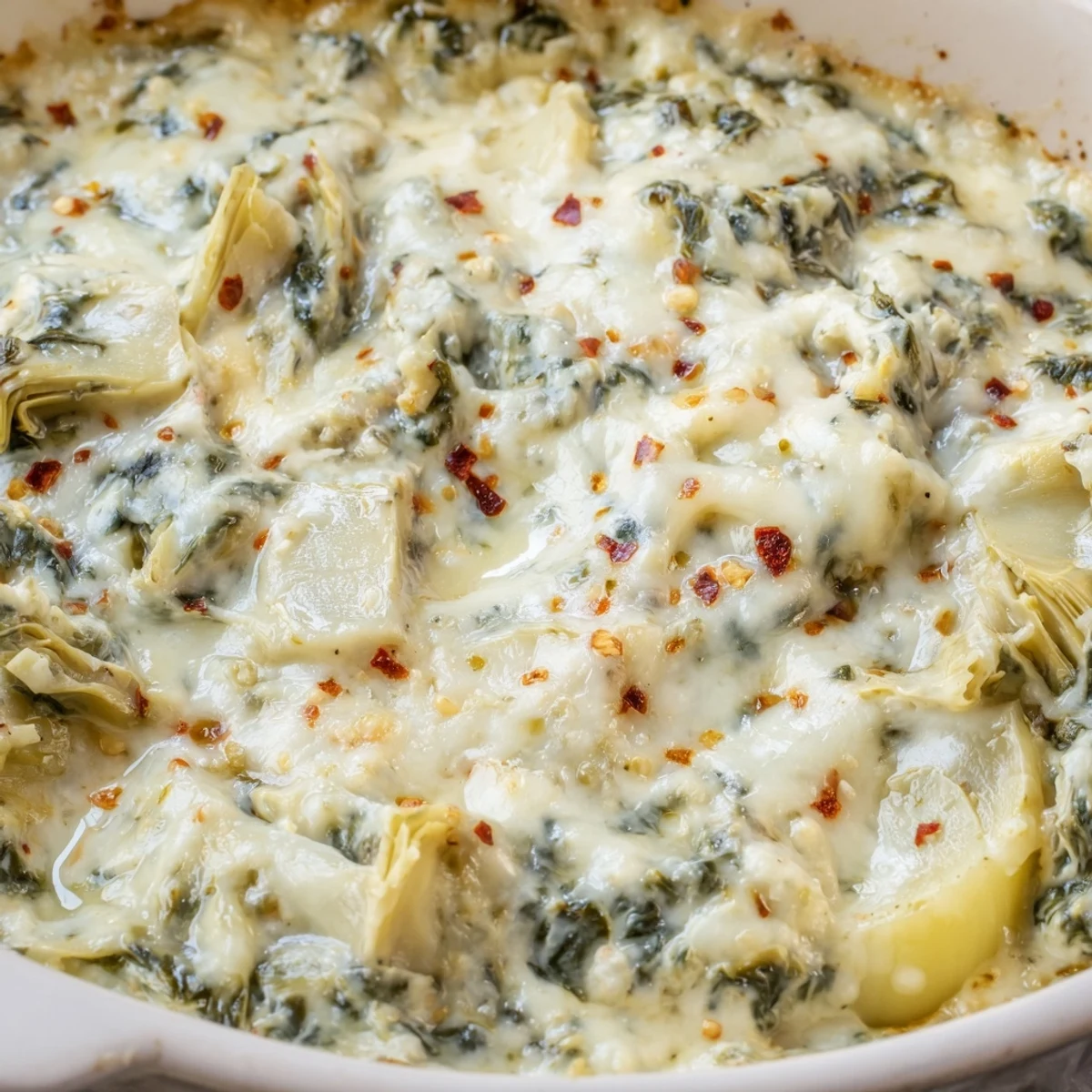 Freshly baked Warm Spinach and Artichoke Dip in a ceramic dish, surrounded by vibrant red and yellow bell pepper strips, cucumber slices, and carrot sticks.