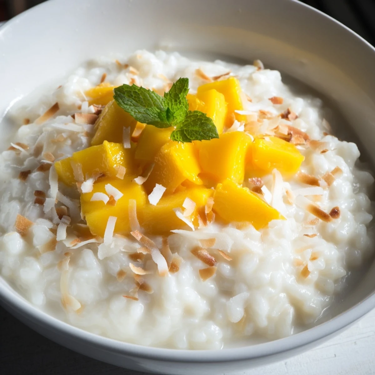 A close-up view of Creamy Coconut Rice Pudding with Mango, showcasing its velvety texture and vibrant tropical fruit.