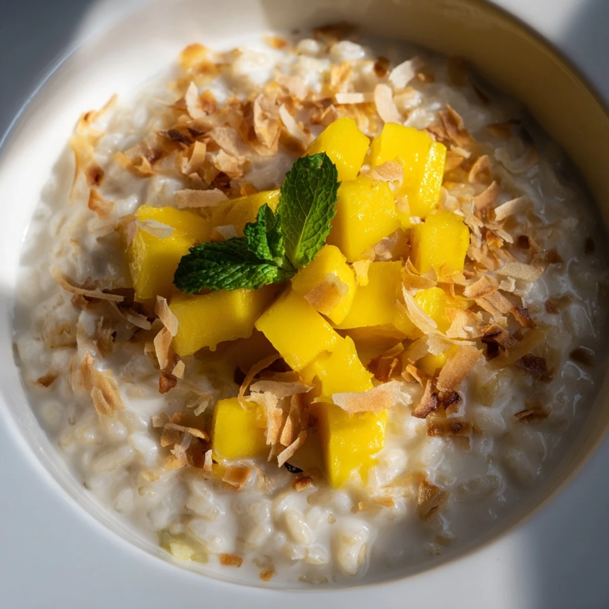 Fresh mango chunks and toasted coconut flakes top a bowl of warm, creamy coconut rice pudding, garnished with mint.
