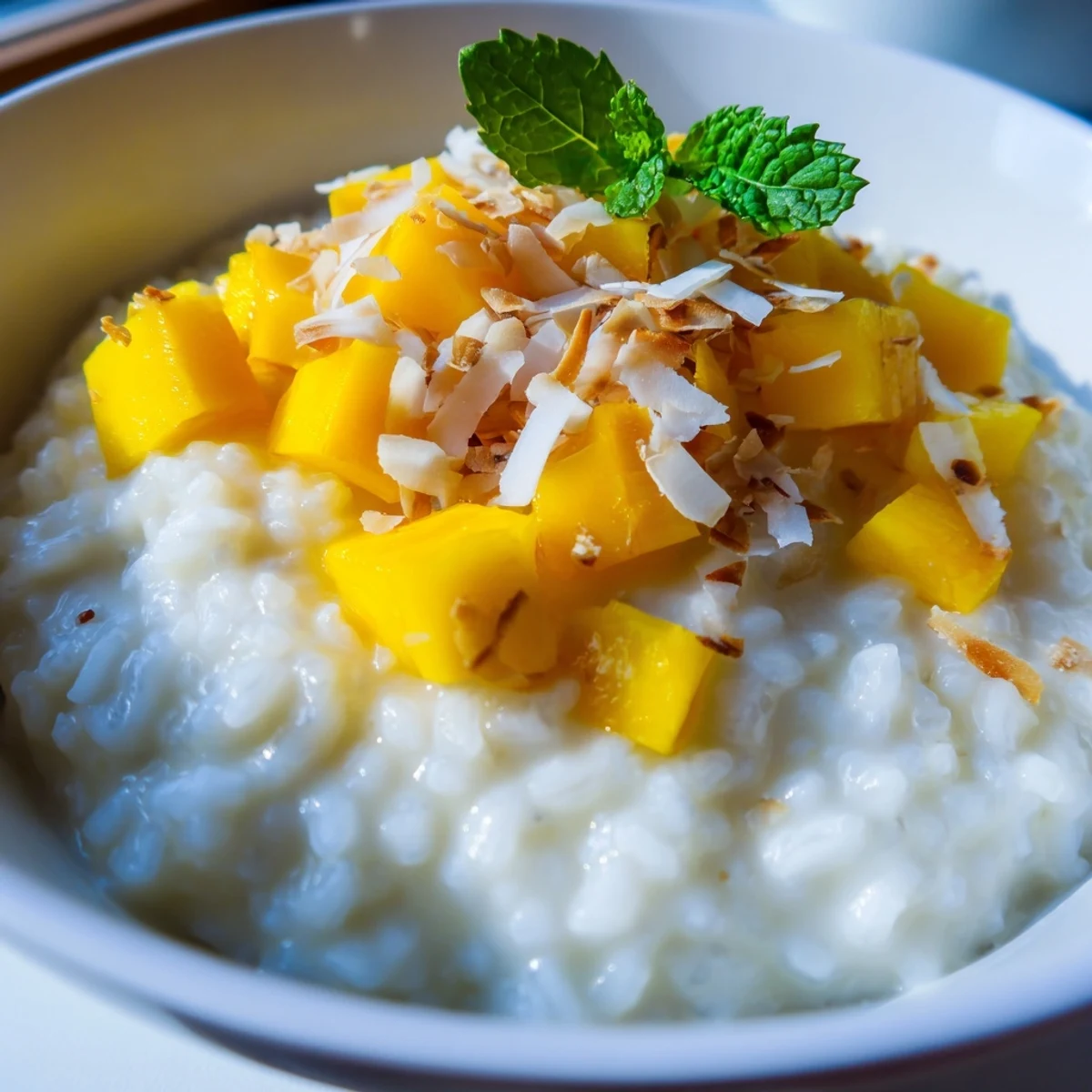 Sweet mango and white coconut pudding sit in a ceramic bowl, ready to be enjoyed as a gluten-free dessert.