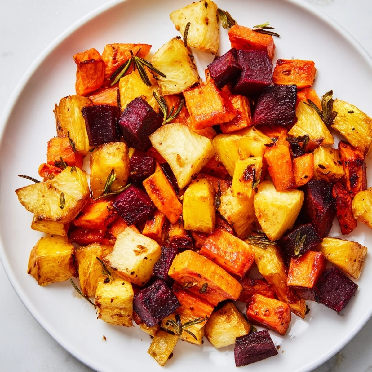 Golden roasted root vegetable medley with rosemary, bubbling and caramelized on a parchment-lined baking sheet.