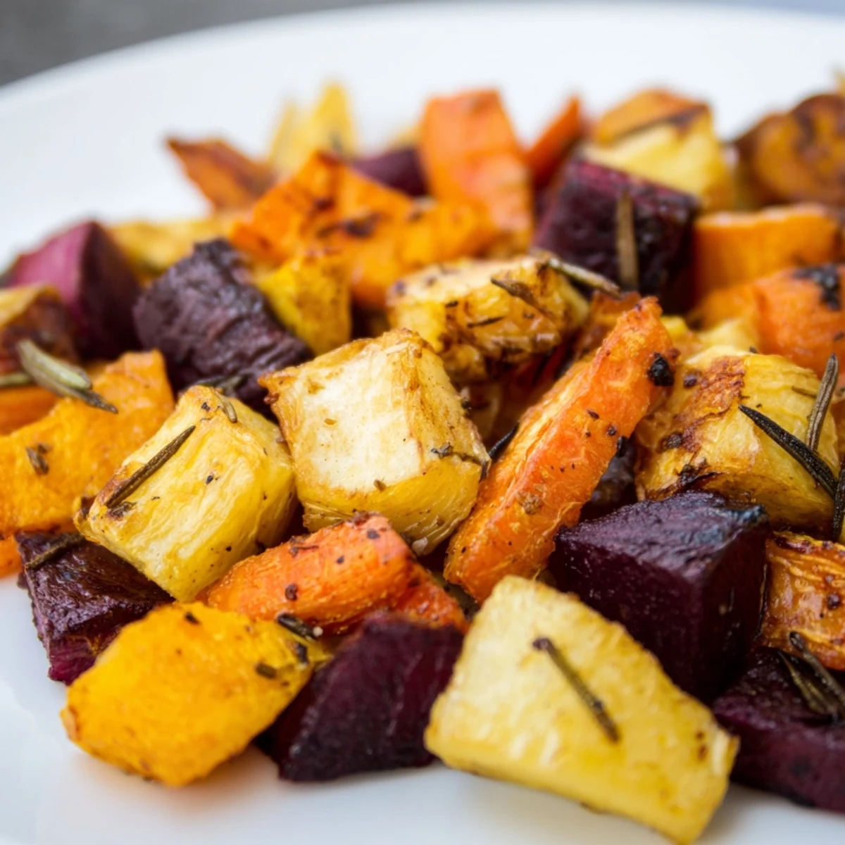 Vegan roasted root vegetable medley with rosemary garnish, showcasing vibrant carrots, parsnips, and beets on a rustic platter.