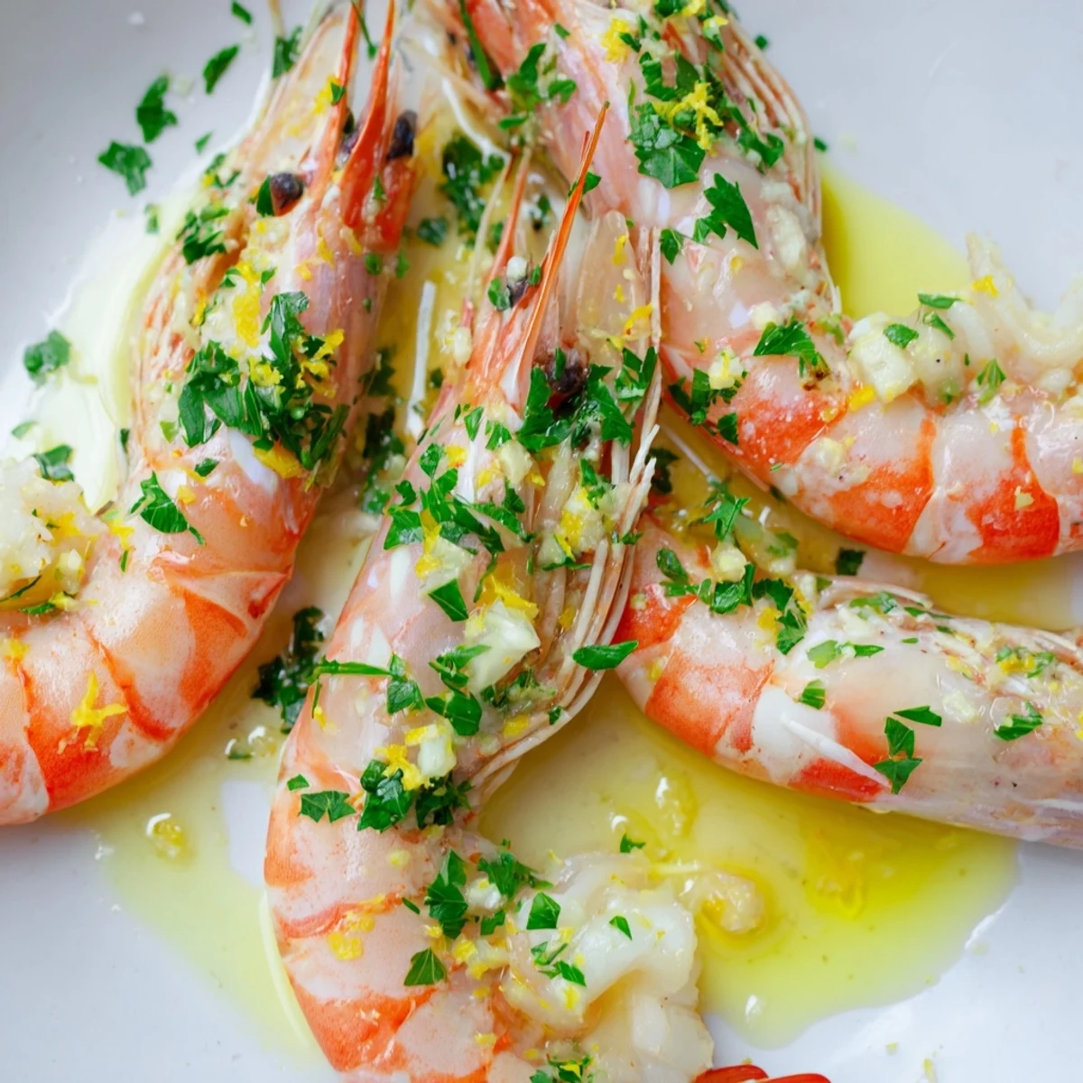 A close-up of succulent Lemon Garlic Butter Prawns tossed in a glossy, zesty sauce with fresh parsley, ready to be enjoyed as a light main dish.