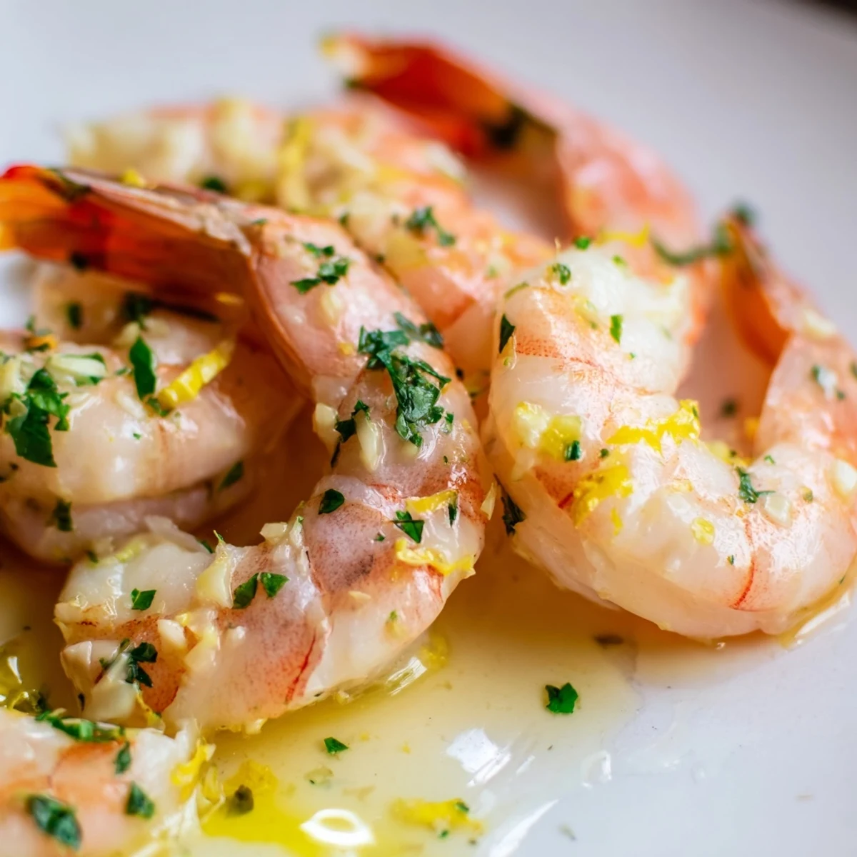 Freshly cooked Lemon Garlic Butter Prawns with parsley garnish, served sizzling in a skillet with lemon wedges and crusty bread on the side.