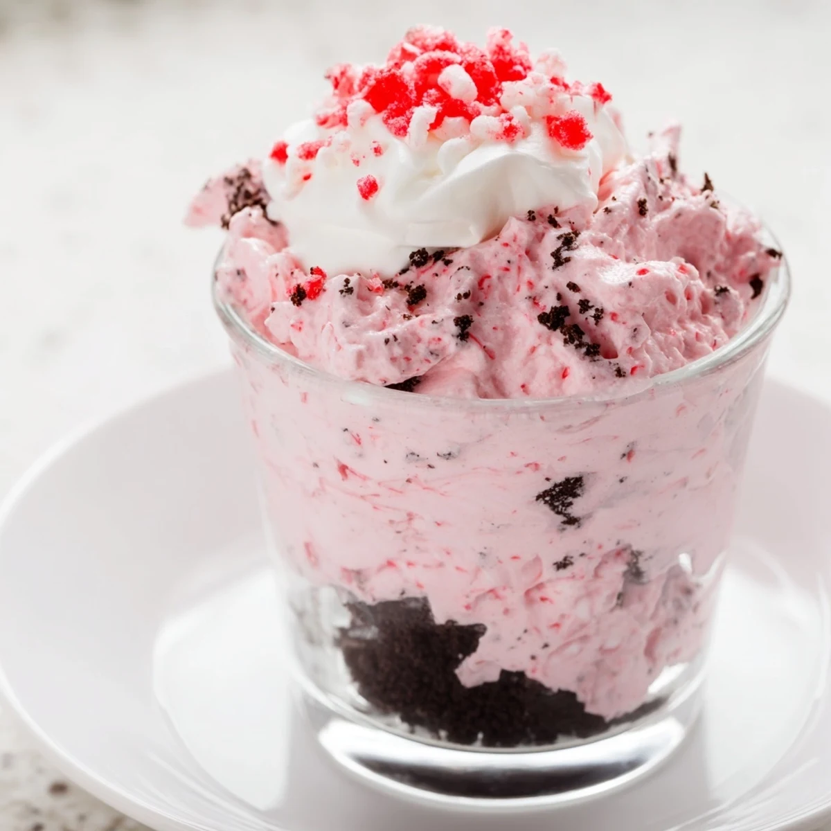 Alt text: Peppermint Twist with Candy layered dessert in a glass with chocolate cookie base and creamy pink peppermint mousse topped with crushed candy canes.