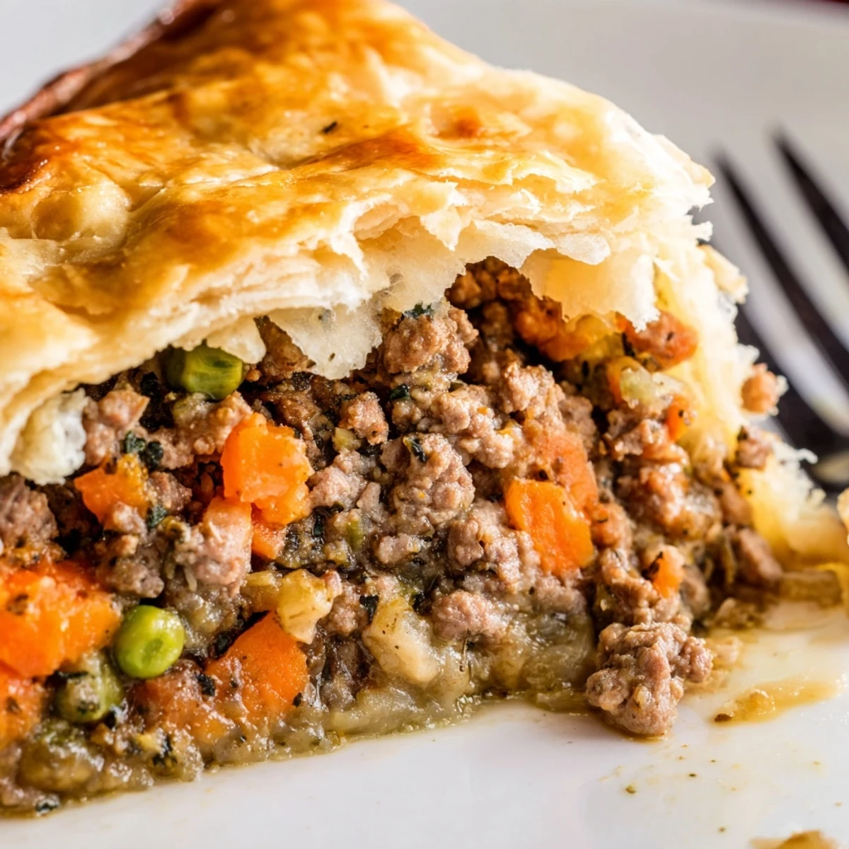 A slice of Savory Meat Pie reveals seasoned ground beef, carrots, and peas in a rich gravy, paired with mashed potatoes.