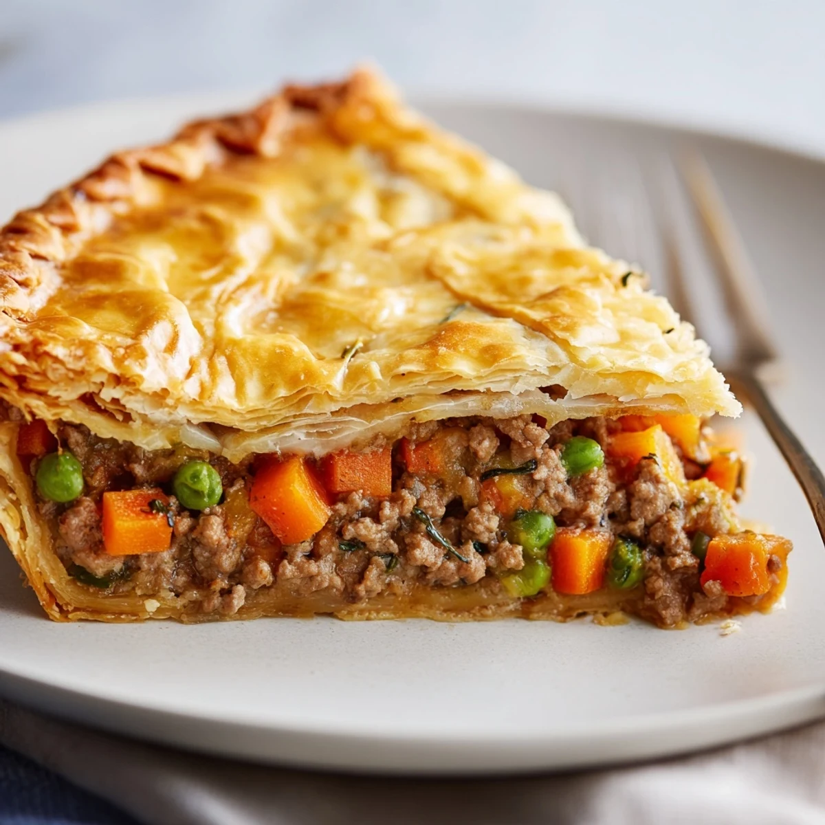 Freshly baked Savory Meat Pie with a golden, flaky crust resting on a wooden table, served warm with steaming aromas.