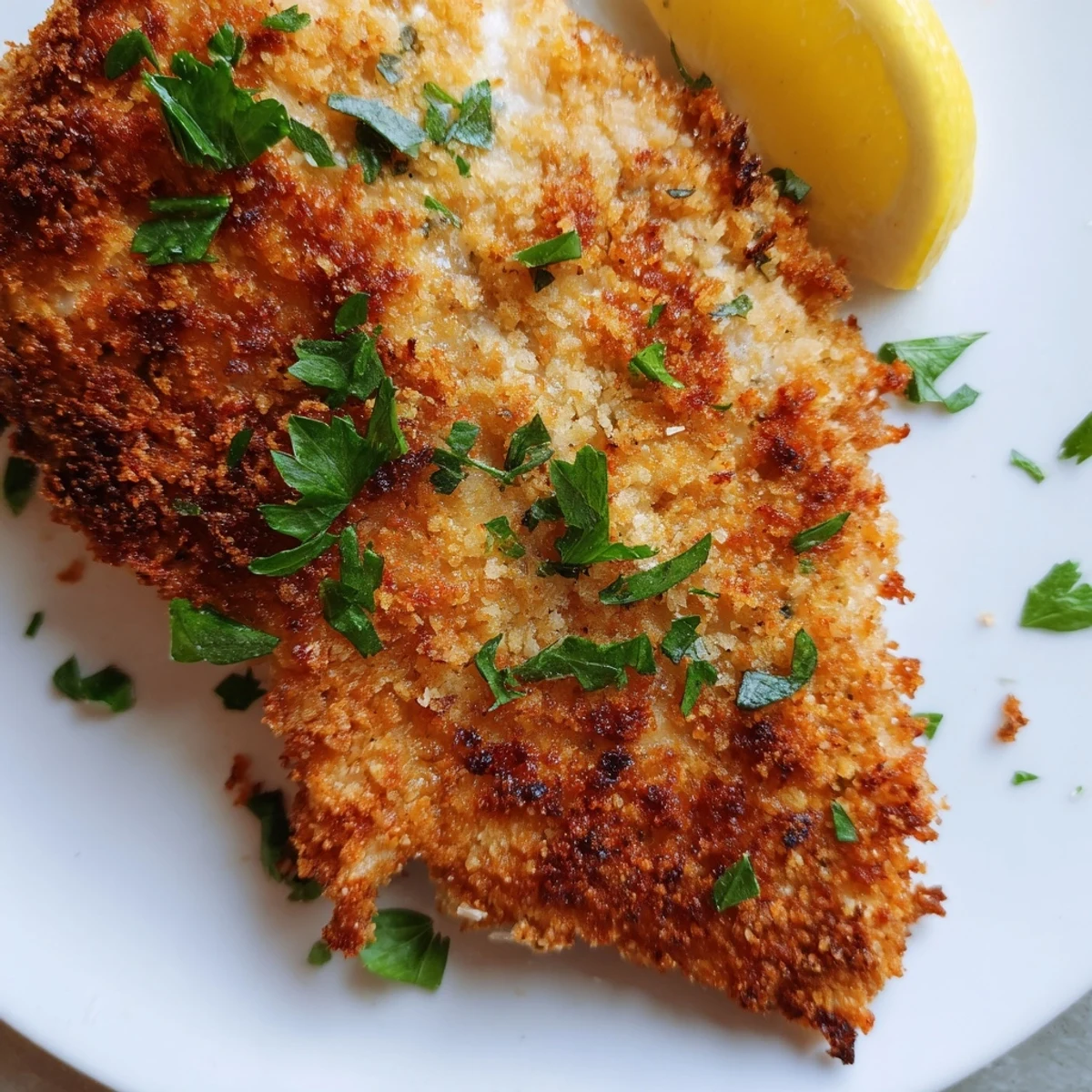 Golden Crispy Chicken with Breadcrumbs served hot with fresh lemon wedges and parsley on a rustic plate.