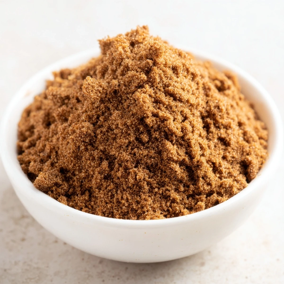 Top-down view of fresh Gingerbread Spice Mix in a small bowl, with mounded spices and a spoon ready for baking holiday cookies.