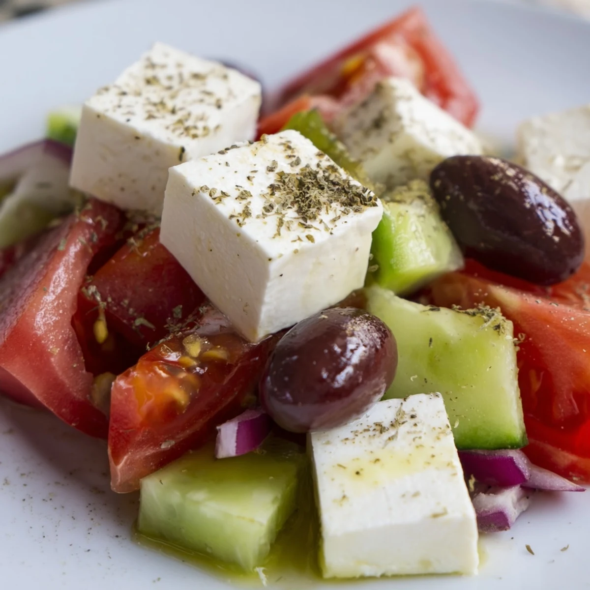 Freshly prepared Greek Salad with Kalamata Olives and Feta, with juicy tomatoes, crisp cucumber, and red onion tossed in a vinaigrette.