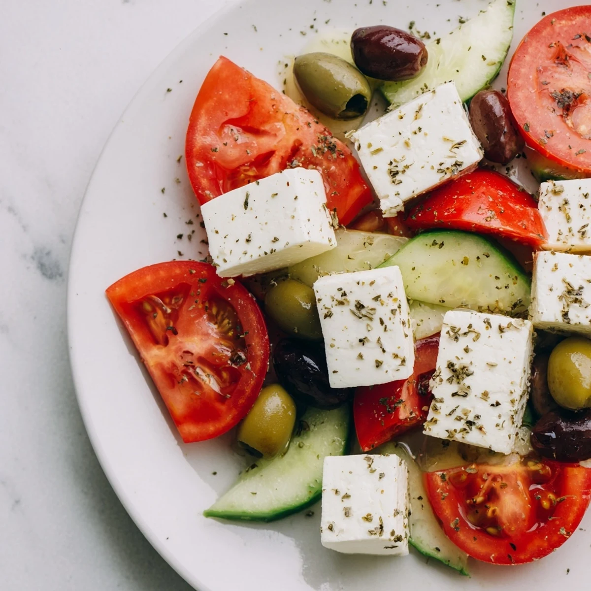 Colorful Greek Salad with Kalamata Olives and Feta on a plate, featuring briny olives, creamy feta cubes, and vibrant bell pepper slices.