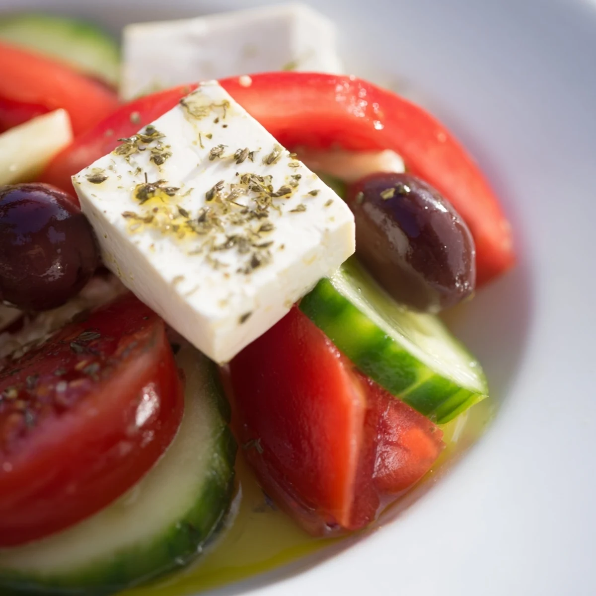 Serving suggestion of Greek Salad with Kalamata Olives and Feta, garnished with herbs, alongside warm pita bread for an easy weeknight meal.