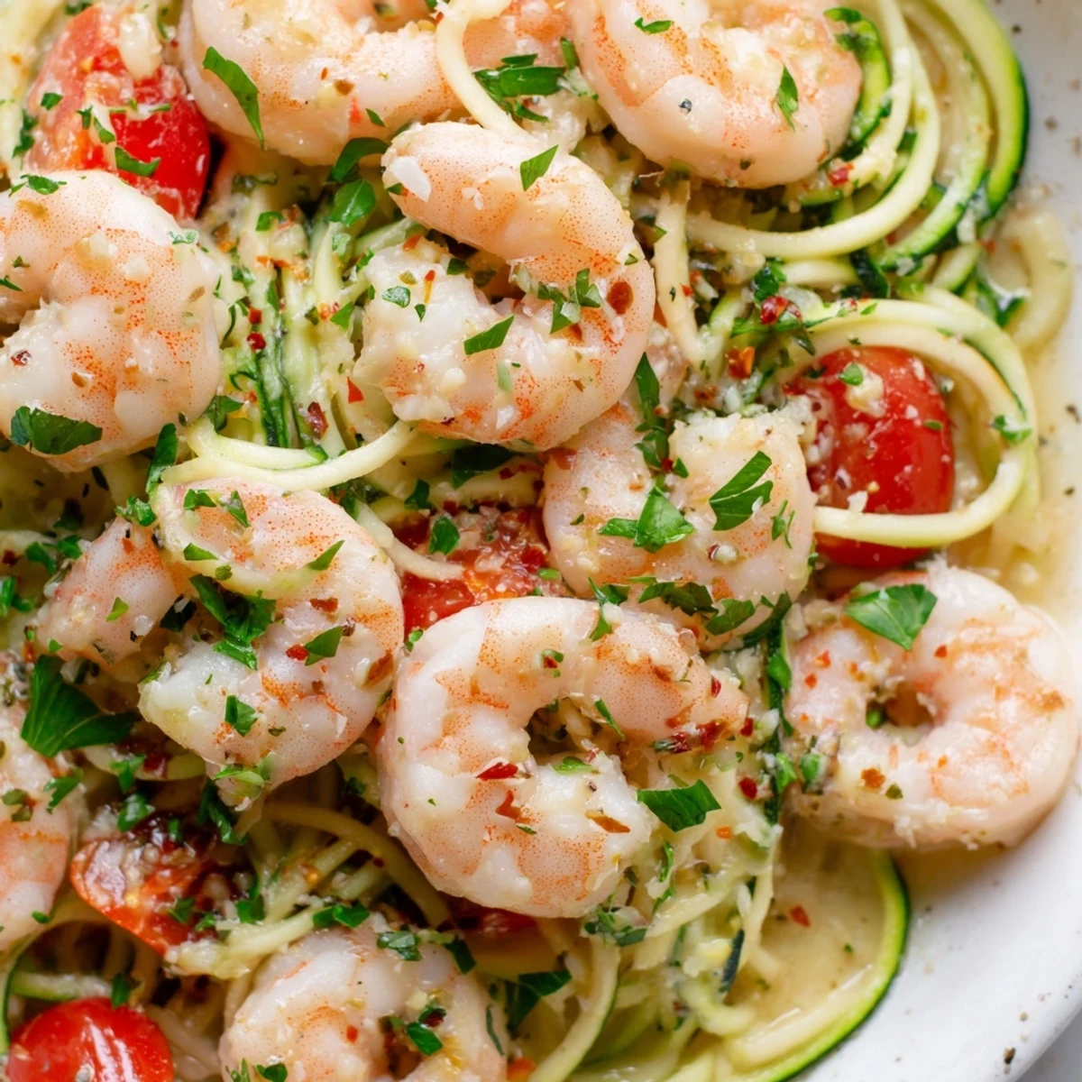 Garlic and lemon simmered shrimp scampi with zucchini noodles, garnished with fresh parsley