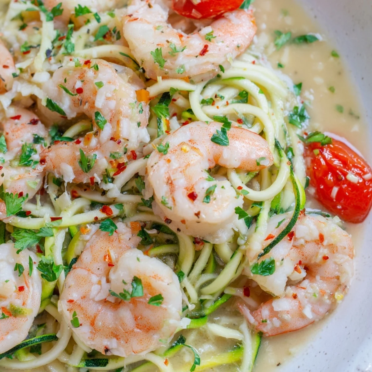 Low-carb shrimp scampi with zucchini noodles plated with lemon wedges and fresh parsley garnish