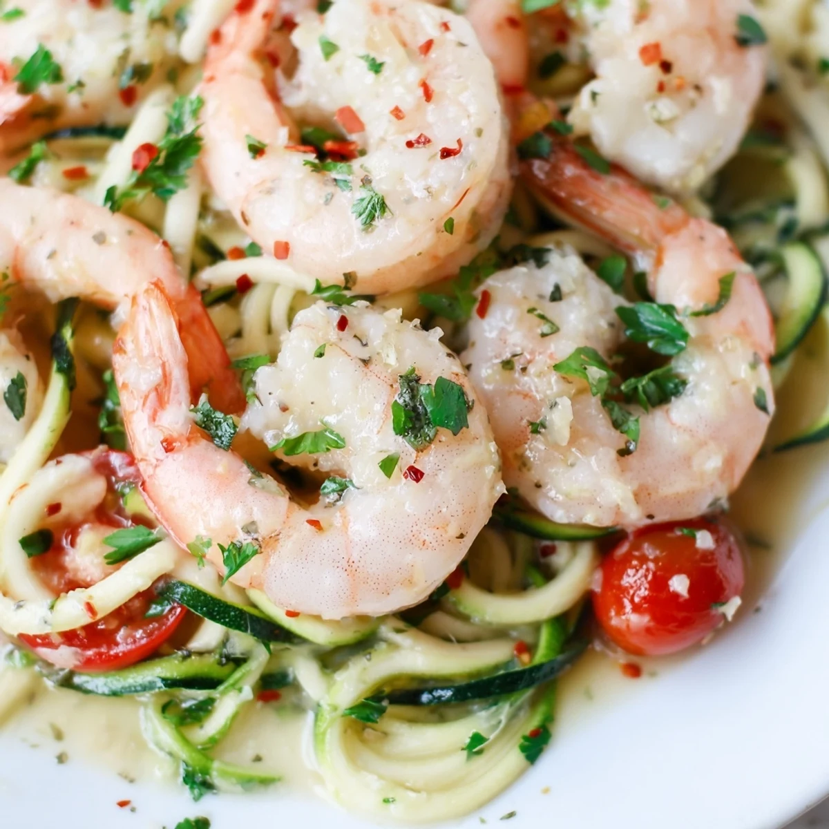 Tender shrimp scampi with zucchini noodles tossed in white wine sauce, topped with cherry tomatoes