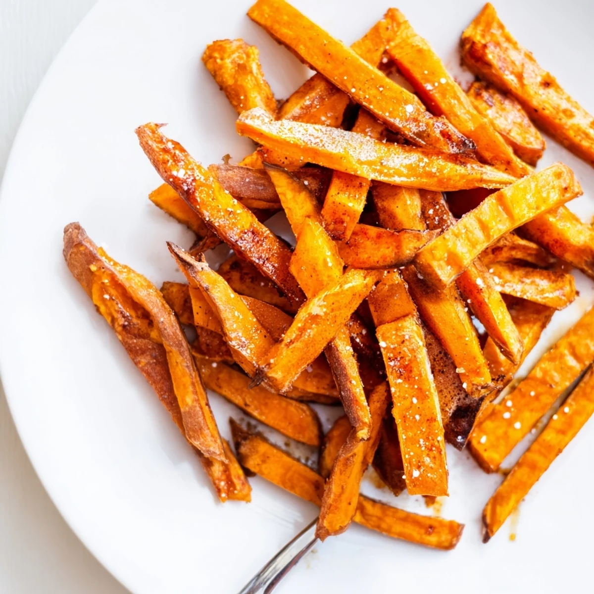 Crispy Air Fryer Sweet Potato Fries, golden-brown and perfectly seasoned, served in a white bowl with ketchup dip.