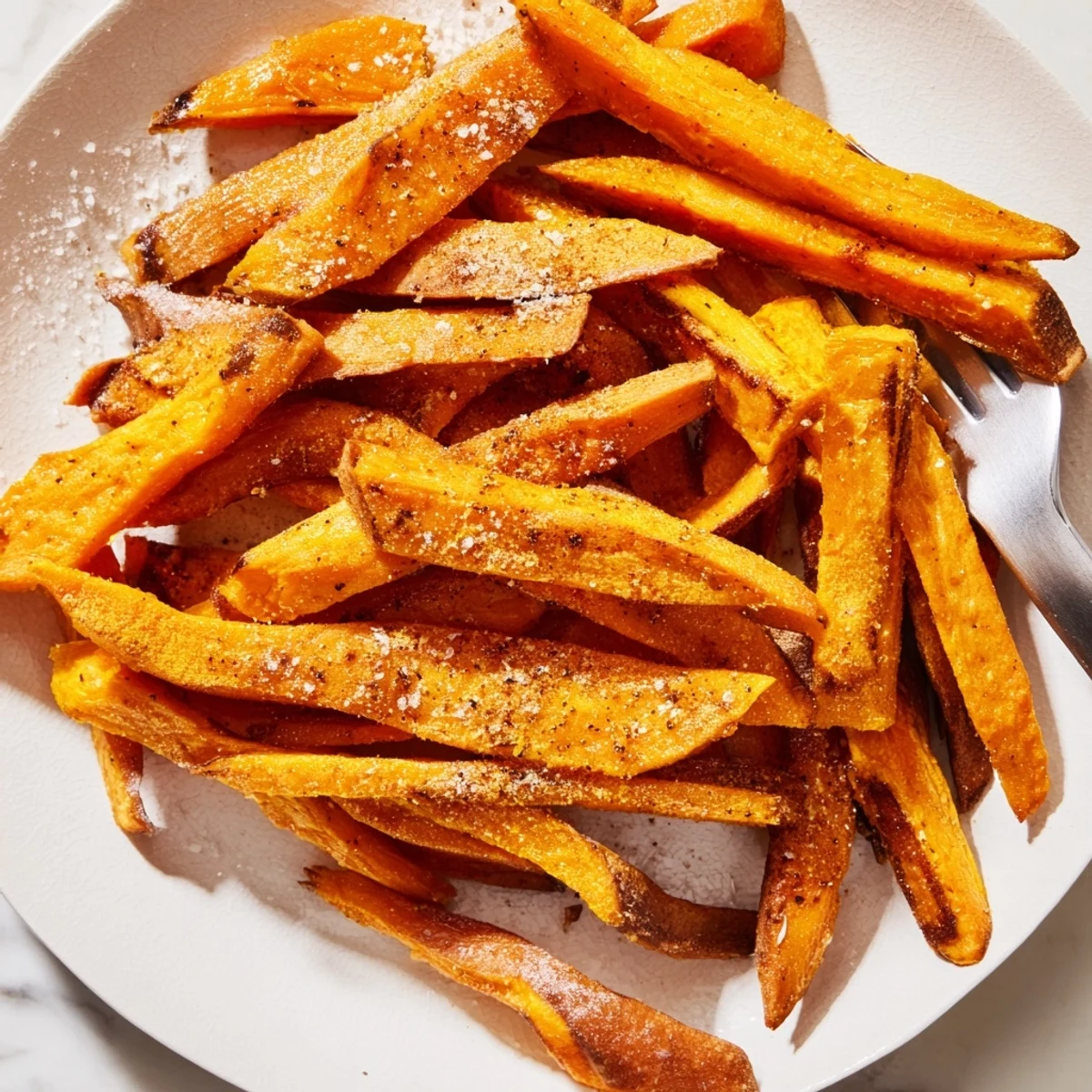 A close-up of Crispy Air Fryer Sweet Potato Fries showing the crunchy texture and warm, orange interior.