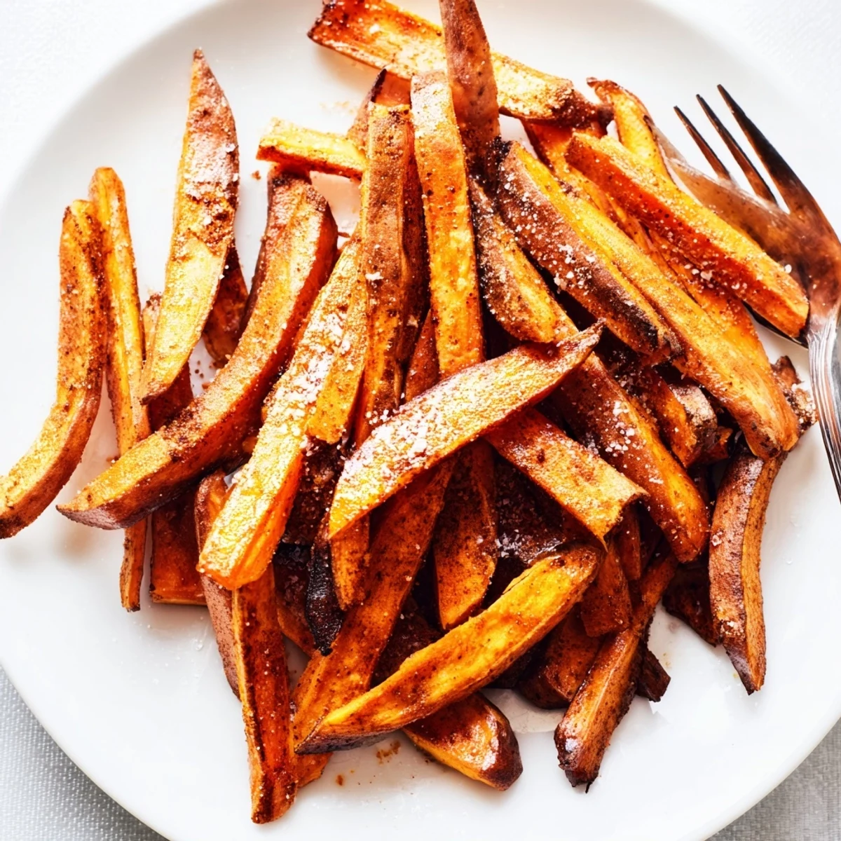 Golden Crispy Air Fryer Sweet Potato Fries garnished with fresh parsley, ready to be enjoyed as a snack.