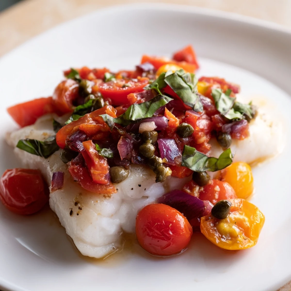 Golden-brown baked halibut fillets topped with a chunky tomato basil relish on a white plate.