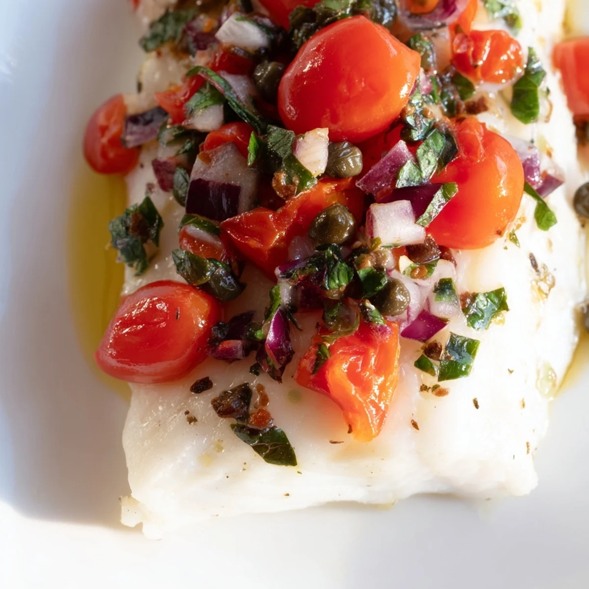 Bright, fresh tomato basil relish with red onion and capers spooned over oven-baked halibut.