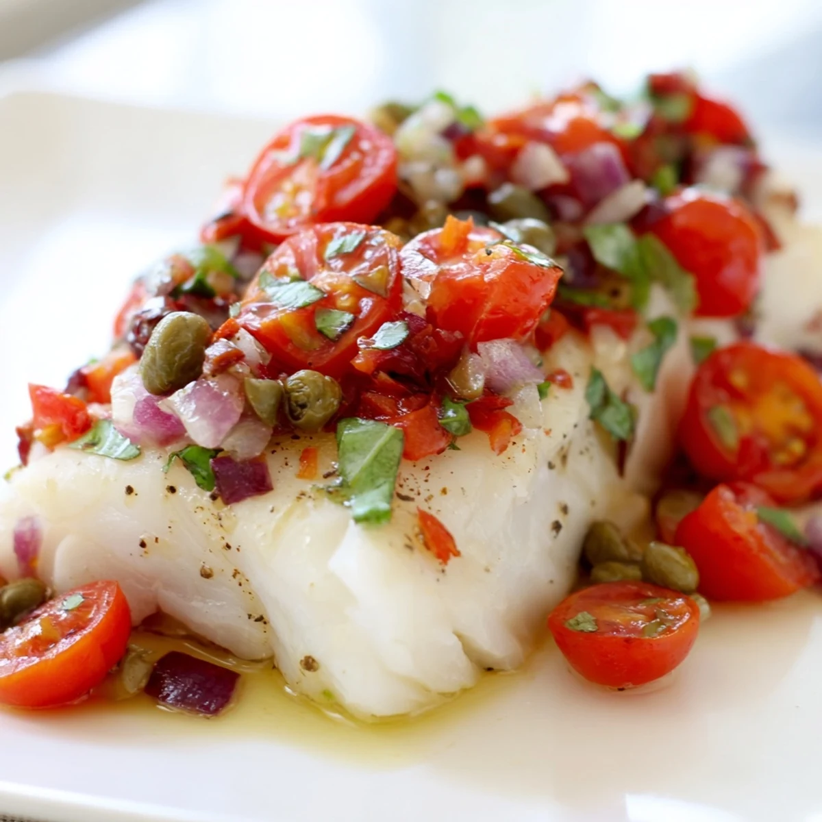 Close-up of flaky, tender baked halibut with juicy cherry tomatoes, basil, and a lemon garnish.