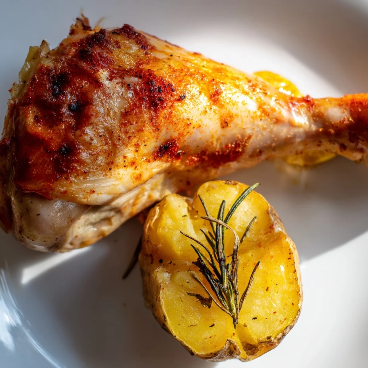 Juicy Lemon Garlic Roasted Chicken with Potatoes steams gently beside golden potatoes, showcasing tender meat and aromatic garlic cloves on a wooden cutting board for serving.