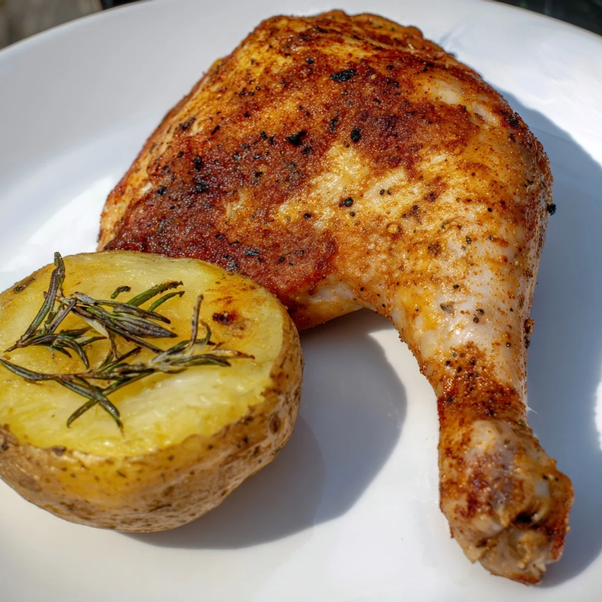 Fresh parsley and lemon wedges garnish a sizzling skillet of Lemon Garlic Roasted Chicken with Potatoes, emphasizing the Mediterranean flavors and crispy, roasted potato edges.