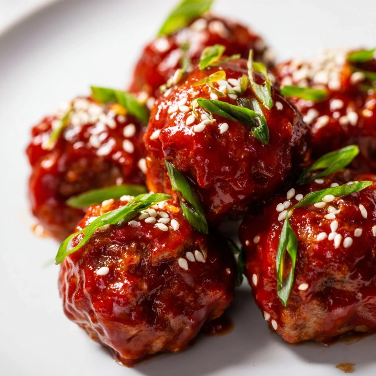 Glossy spicy Sriracha beef meatballs coated in a sticky glaze, garnished with sesame seeds for a flavorful appetizer.