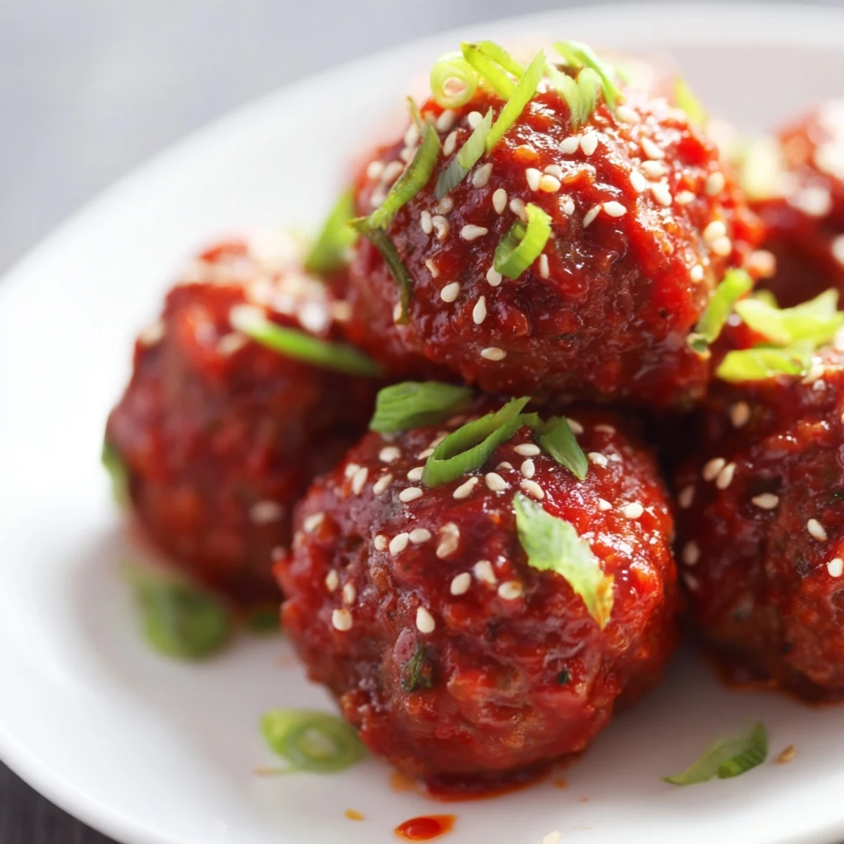 Freshly glazed spicy Sriracha beef meatballs on a platter with sliced scallions, perfect for a party appetizer.
