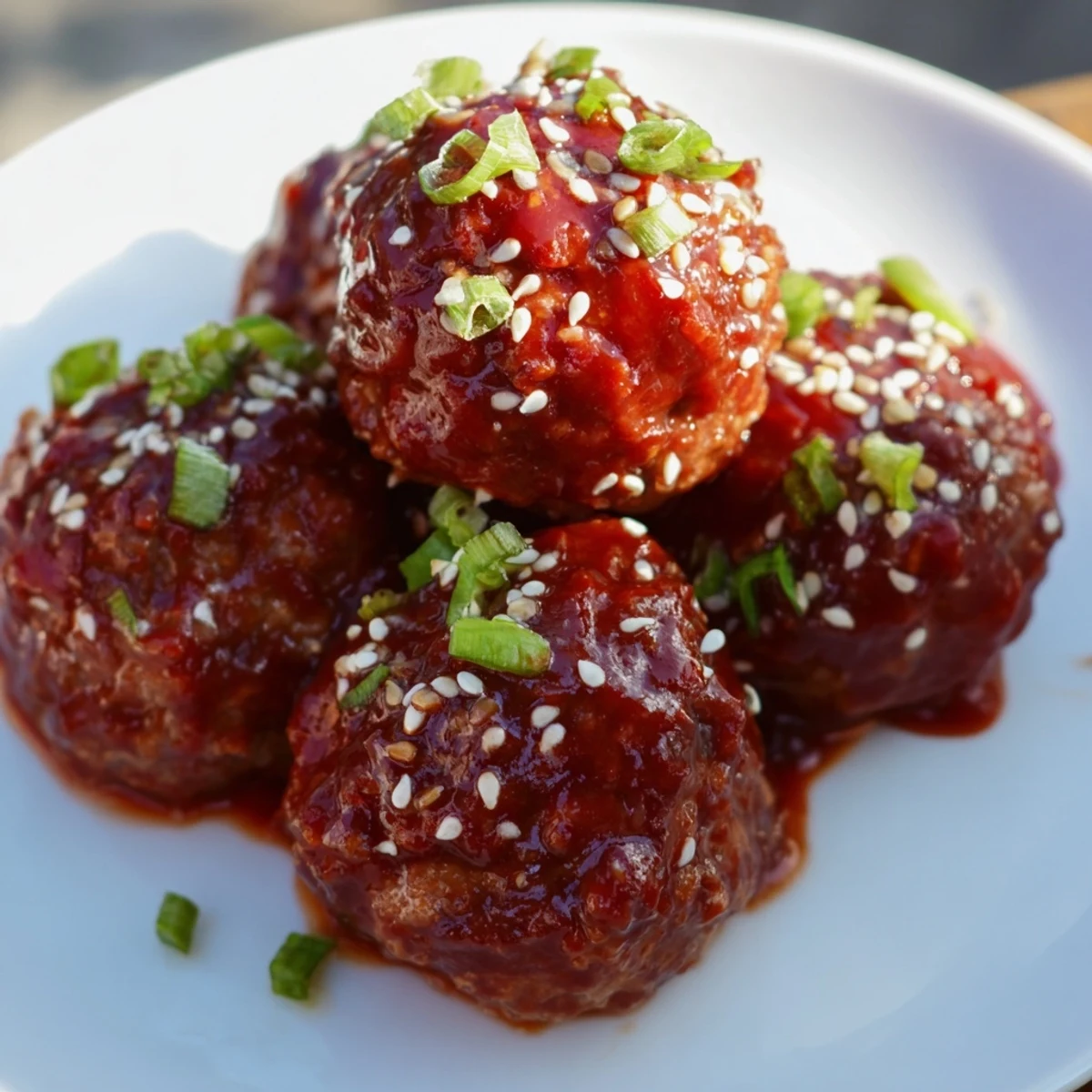 Tender baked spicy Sriracha beef meatballs over steamed rice, ready to serve as a hearty main dish.