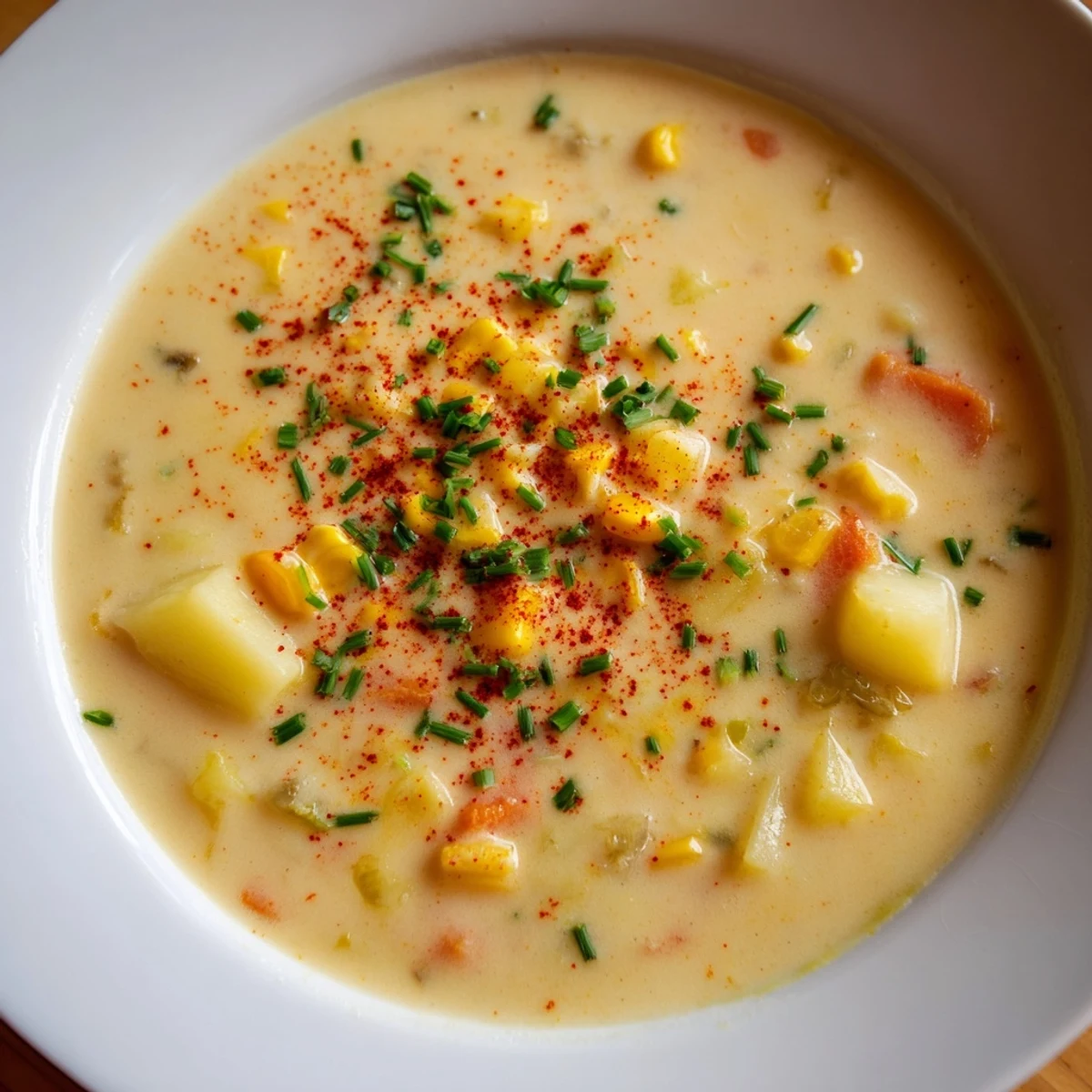 Creamy Corn Chowder with Smoked Paprika served hot in a rustic bowl, garnished with fresh chives and a light dusting of paprika.