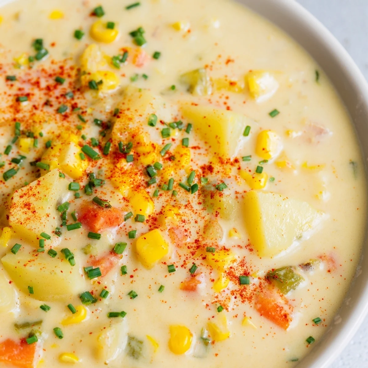 Hearty Creamy Corn Chowder with Smoked Paprika steaming in a white bowl, featuring corn kernels and diced potatoes on a cozy table.
