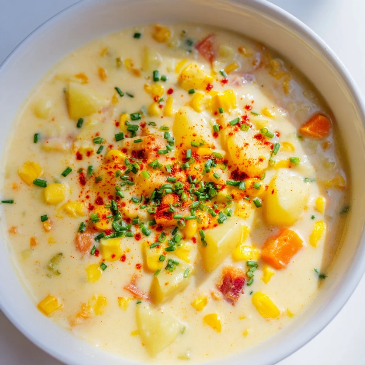 Vibrant bowl of Creamy Corn Chowder with Smoked Paprika, paired with crusty bread, showcasing velvety texture and golden color.