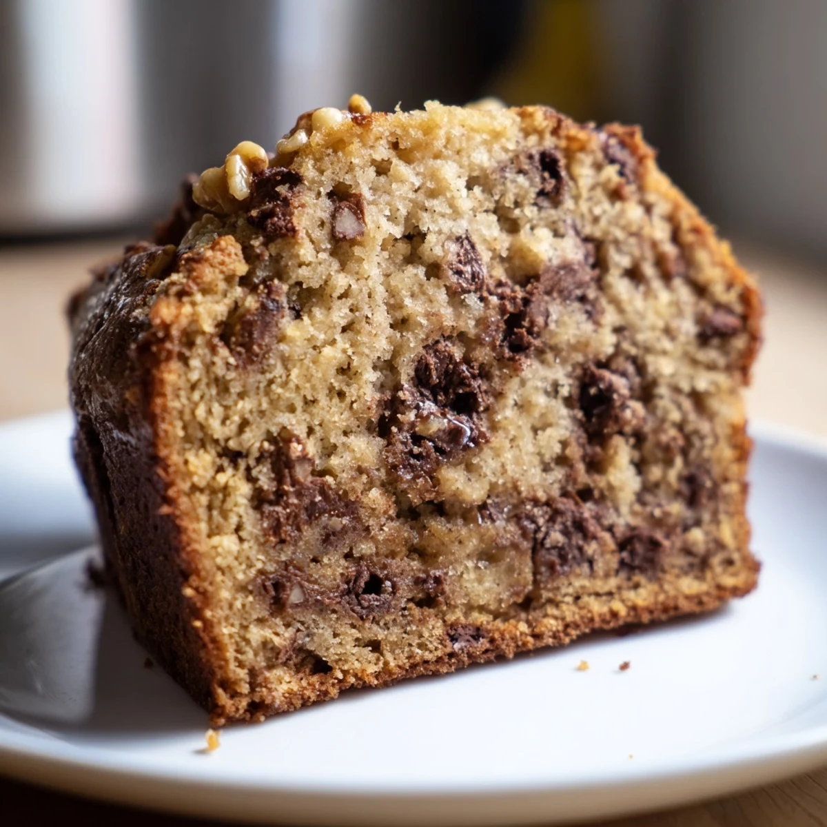Freshly baked Chocolate Chip Banana Bread with Walnuts, sliced to show moist crumb and melted chocolate.