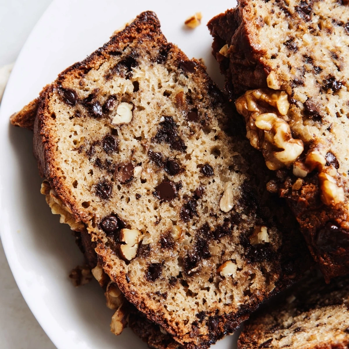 Warm slice of Chocolate Chip Banana Bread with Walnuts topped with melting butter on a rustic table.