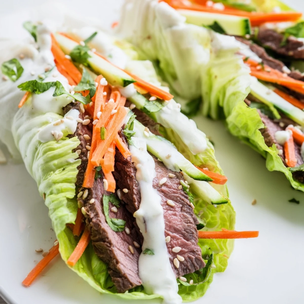 Tender soy-marinated beef nestled in fresh romaine leaves, topped with crunchy veggies and a tangy Greek yogurt sauce, perfect for easy weeknight dinners.